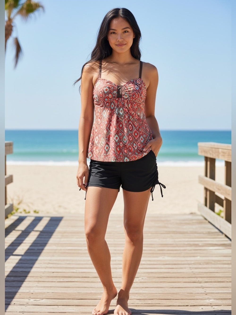 Perona Red Patterned Tankini Top with Black Swim Shorts NWT Size 12